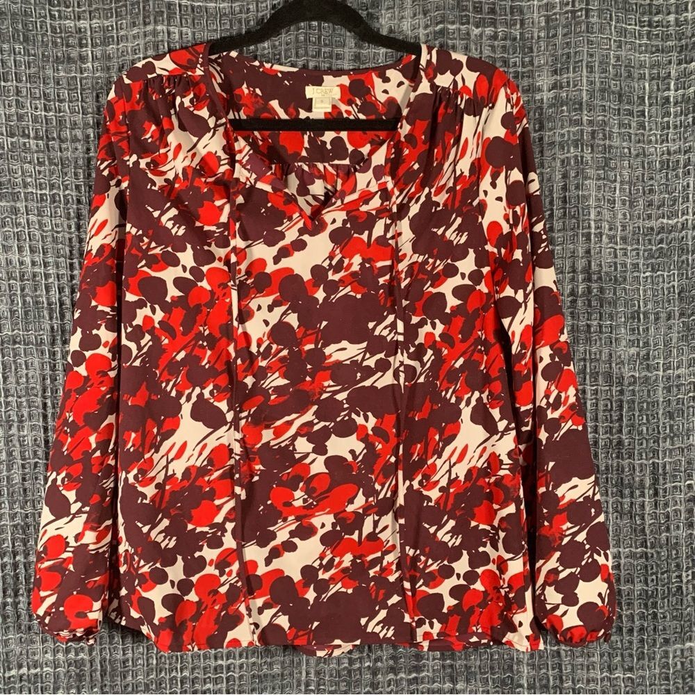 J CREW Red Poppy Floral Print Long Sleeve Semi Sheer Blouse Small #943